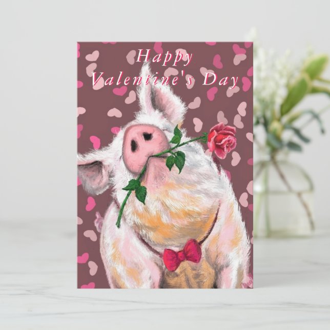 Tarjeta El día de San Valentín divertida con cerdo (Anverso de pie)