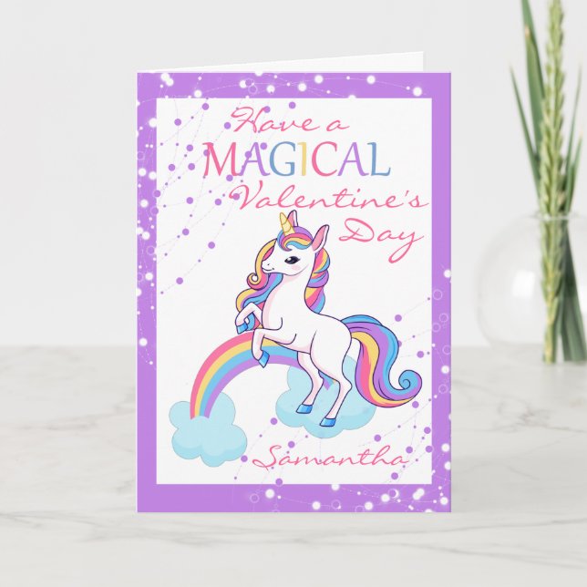 Tarjeta El día de San Valentín mágico de unicornio morado (Anverso)