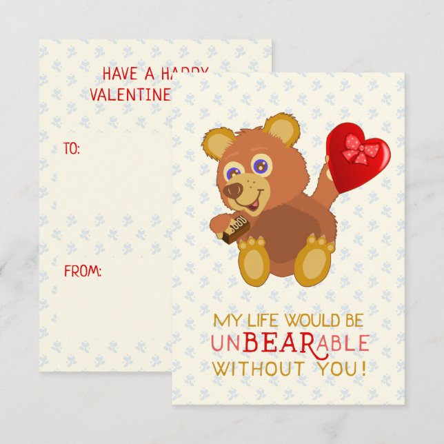 Tarjeta El día de San Valentín Oso Gracioso Escolar Infant (Anverso / Reverso)