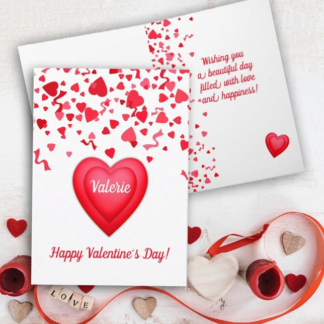 Tarjeta El día de San Valentín Red Confetti Hearts Greetin (Fun Valentine's Day confetti and red hearts design
)