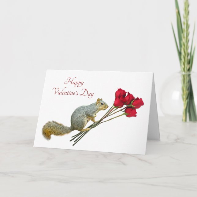 Tarjeta El día de San Valentín Squirrel Red Roses (Anverso)