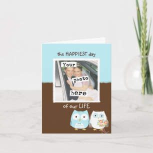 Tarjeta El día más feliz de nuestra vida, boda de búhos
