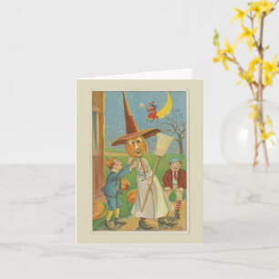 Tarjeta El disfraz de calabaza y escoba de bruja Vintage