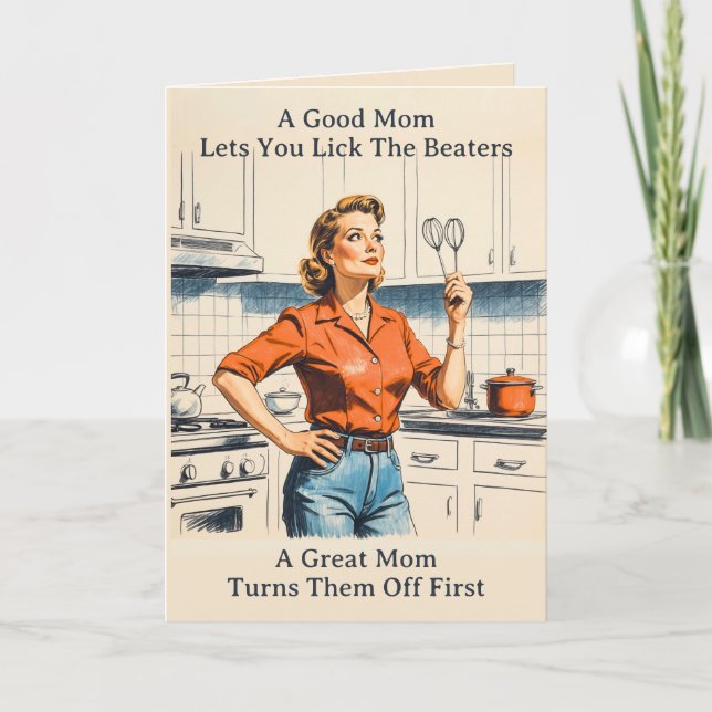 Tarjeta El divertido Día de la Madre Retro, ama de casa de (Anverso)