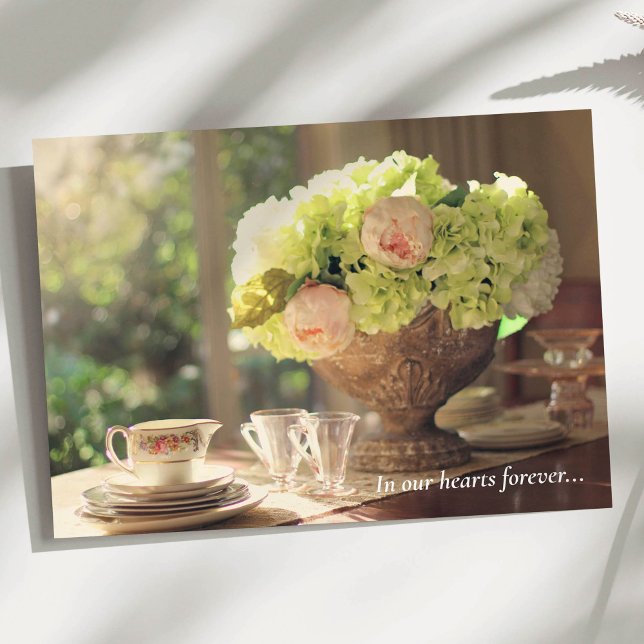 Tarjeta El entierro le agradece carda el ajuste del té del (Sympathy Funeral Thank You Card Hydrangea and vintage tea set)