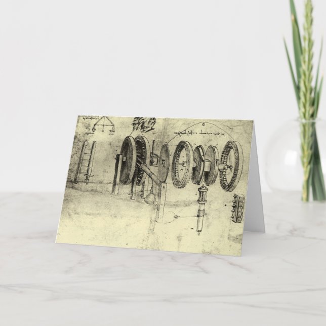 Tarjeta El esbozo de ingeniería de una rueda de Leonardo d (Anverso)