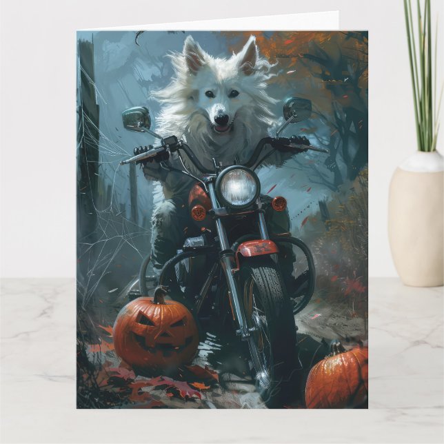 Tarjeta El esquimal americano montando motocicleta Hallowe (Anverso)