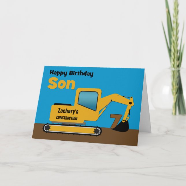 Tarjeta El excavador amarillo del 7mo cumpleaños del hijo (Anverso)