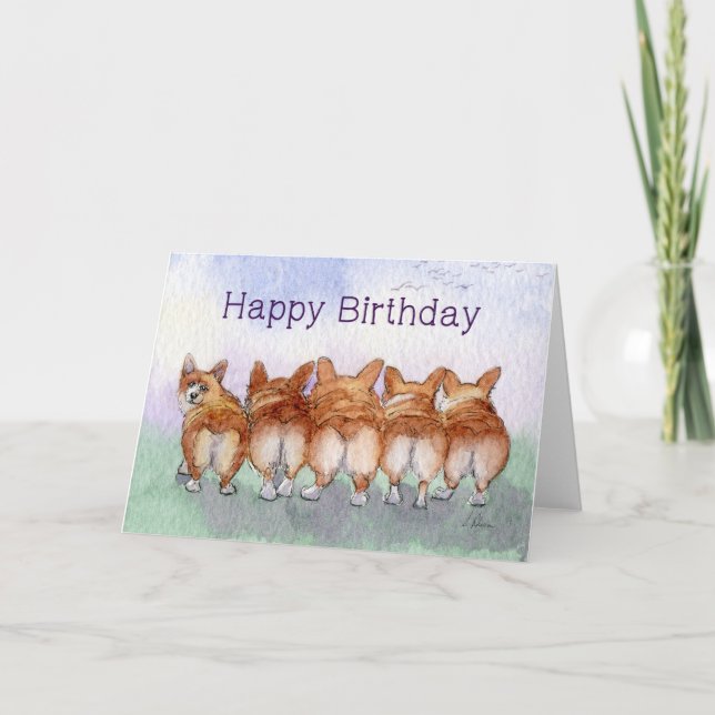 Tarjeta El feliz cumpleaños, corgis, cinco se va junto (Anverso)