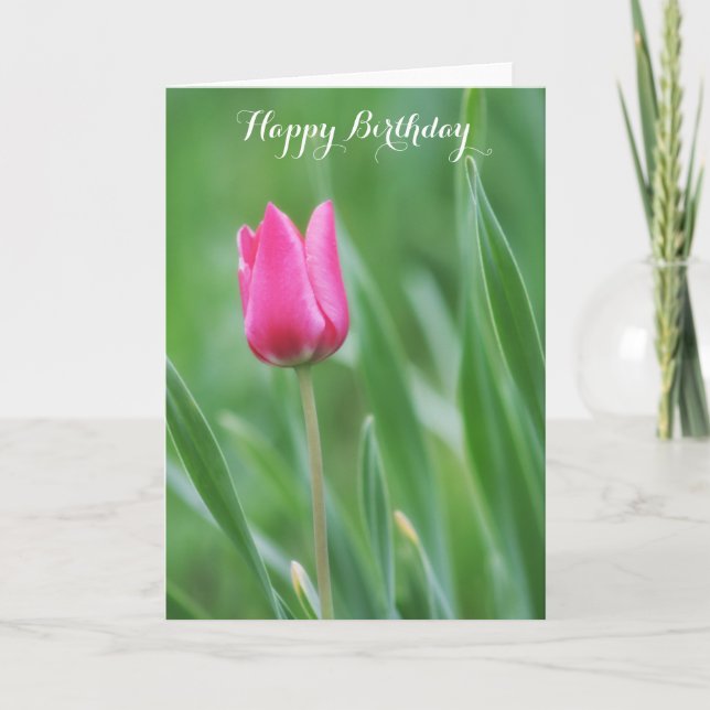 Tarjeta El feliz cumpleaños, salta flor rosada del tulipán (Anverso)