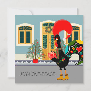 Tarjeta El gallo portugués con un regalo de Navidad