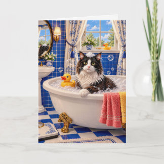 Tarjeta El gato de baño azul