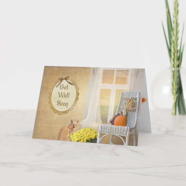 Tarjeta el gato de tabby con las calabazas de otoño (Anverso)