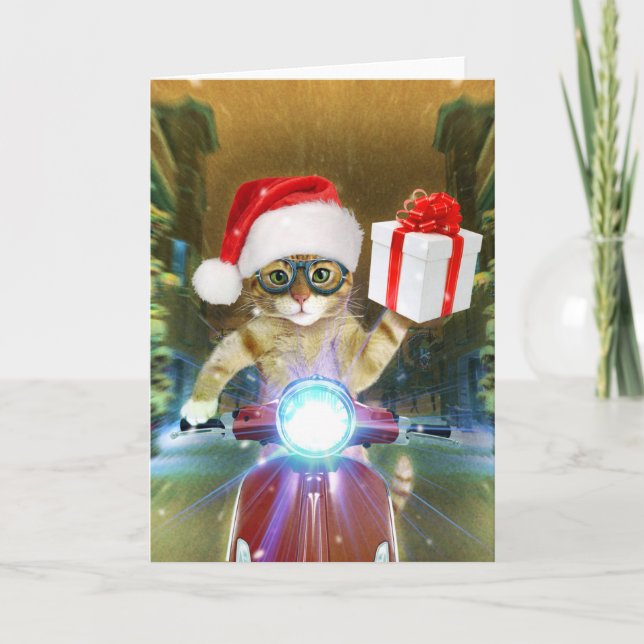 Tarjeta El gato del gorra de Santa Claus entrega regalos a (Anverso)