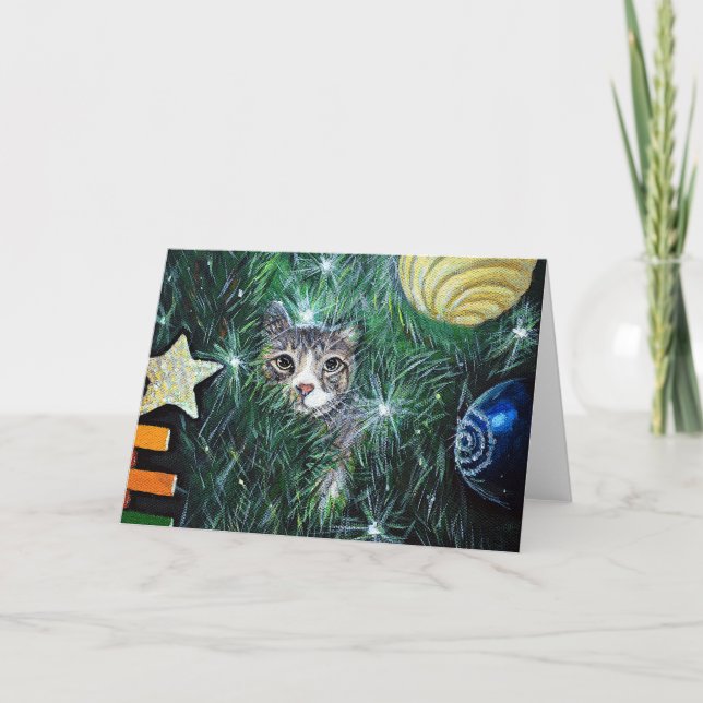 Tarjeta El gato en la pintura del árbol de Navidad (Anverso)