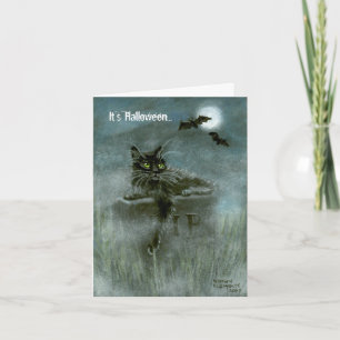 Tarjeta El gato negro que el cementerio golpea la luna, él