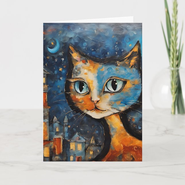 Tarjeta El gato por la noche en la ciudad (Anverso)