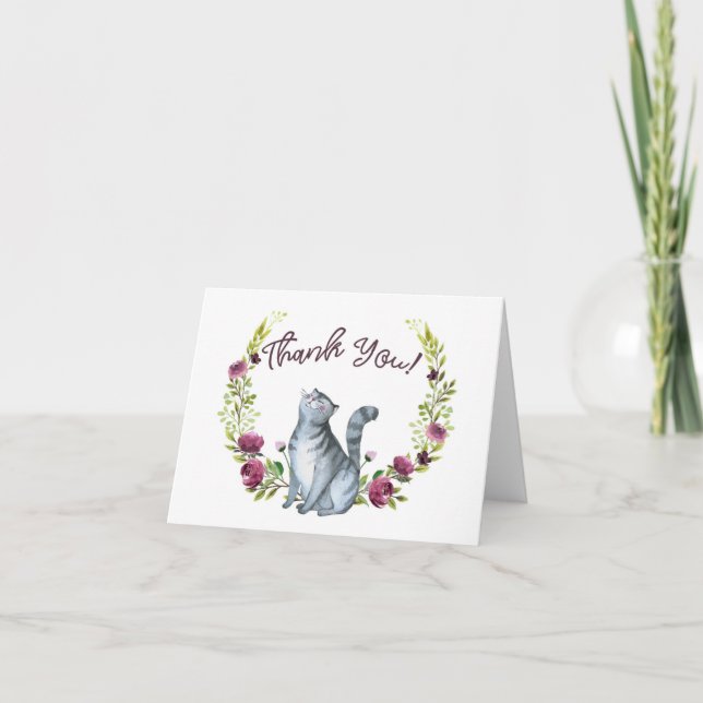 Tarjeta El gato y las flores de la acuarela le agradecen (Anverso)