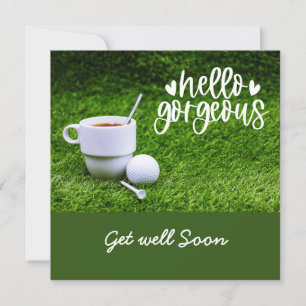 Tarjeta El golf se va bien pronto con una taza de té y una