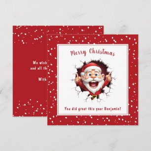 Tarjeta El gracioso Santa Claus rompiendo a través de los 