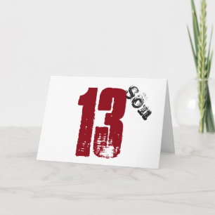 Tarjeta El hijo cumple 13 años, blanco, rojo y negro.