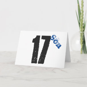 Tarjeta El hijo cumple 17 años, blanco, azul y negro.