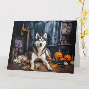 Tarjeta El Husky Siberiano Calabaza Halloween Scary