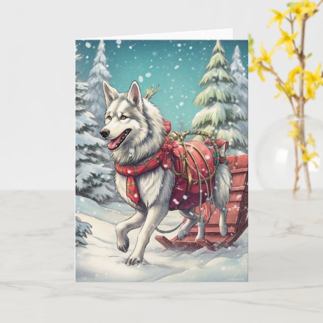 Tarjeta El Husky Siberiano empujando un Sleigh (flor amarilla)