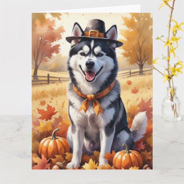 Tarjeta El Husky Siberiano En Otoño Deja El Arte De Acción (flor amarilla)