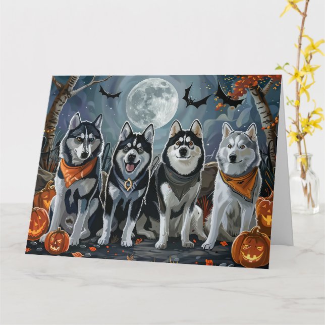 Tarjeta El Husky Siberiano Halloween Spooky (flor amarilla)