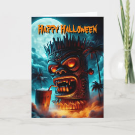 Tarjeta El Malvado Tiki De Halloween Con Bebida A La Luz D