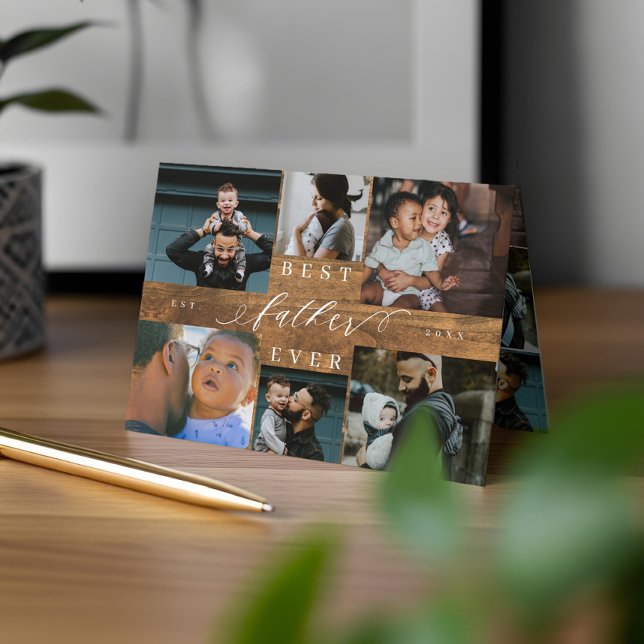 Tarjeta El mejor padre de todos los años Woodgrain Día del (Best Father Ever Woodgrain Father's Day 6 Photo Card)