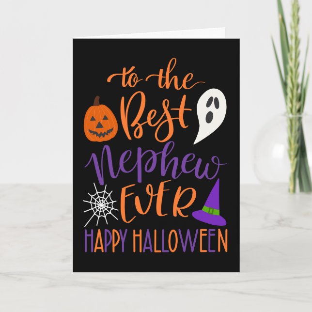 Tarjeta El mejor sobrino de Halloween en Naranja y morado (Anverso)