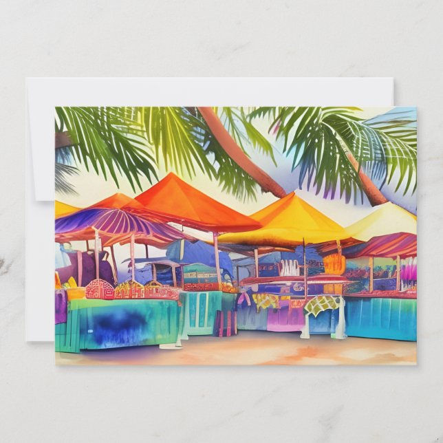 Tarjeta El mercado de la playa deja el saludo acuático (Anverso)