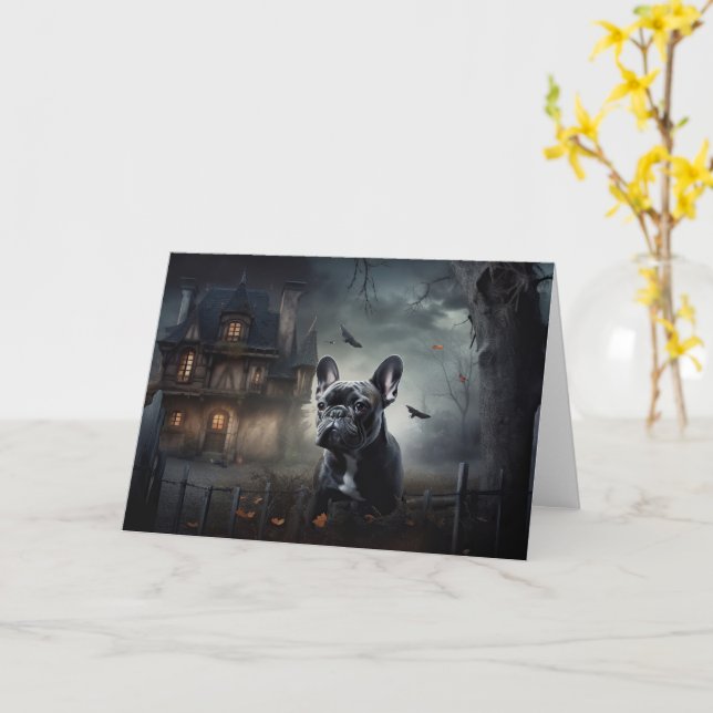 Tarjeta El miedo de Halloween en el Bulldog francés (flor amarilla)