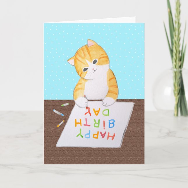 Tarjeta El naranja lindo Tabby Gato escribe Feliz Cumpleañ (Anverso)