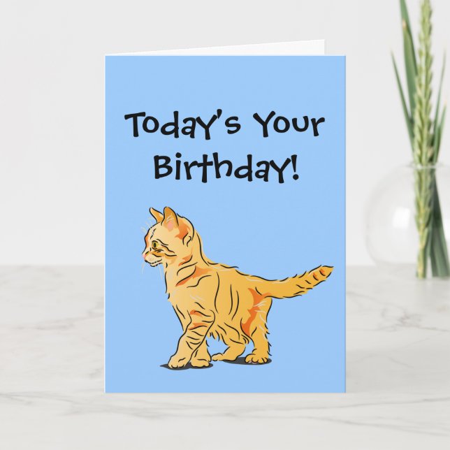Tarjeta El naranja Tabby Kitten en cumpleaños azul (Anverso)