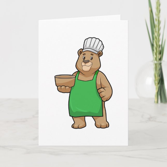 Tarjeta El oso como cocinero con delantal de cocina y tazó (Anverso)