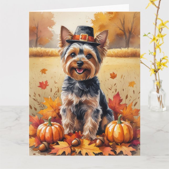 Tarjeta El otoño de Yorkshire Terrier deja arte de Acción  (flor amarilla)