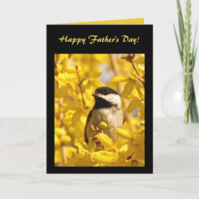 Tarjeta El pájaro del Chickadee en amarillo florece día de (Anverso)