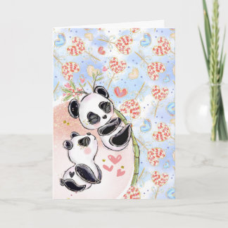 Tarjeta El panda lindo tiene osos en parejas de bambú amor