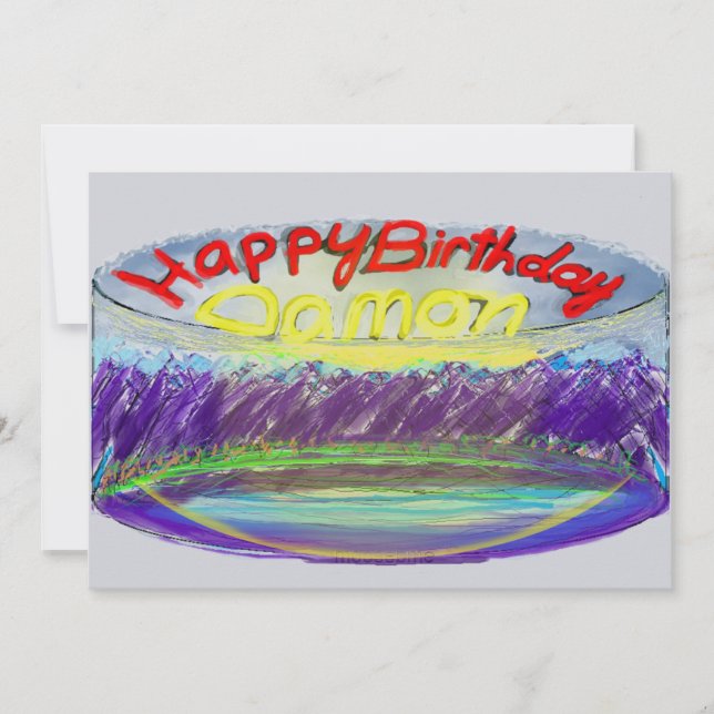Tarjeta El pastel de cumpleaños de la montaña azul de Damo (Anverso)