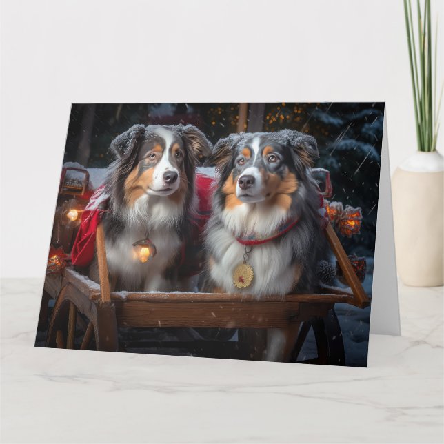 Tarjeta El pastor australiano Snowy Sleigh Navidades Decor (Anverso)