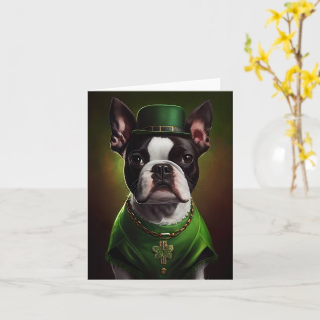 Tarjeta El perro del Boston Terrier en el vestido del Día  (flor amarilla)