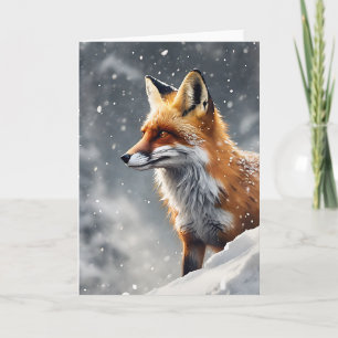 Tarjeta El precioso Zorro Rojo en caída de nieve en blanco