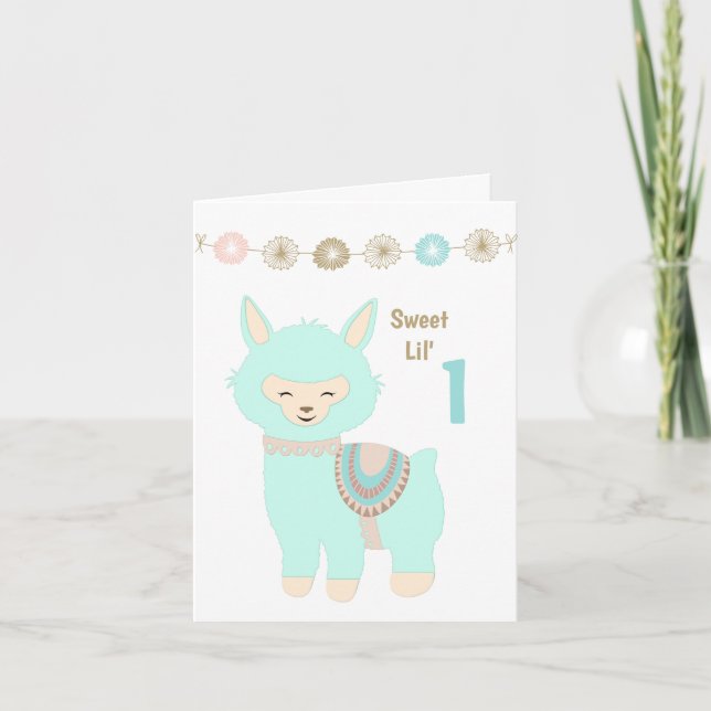 Tarjeta El primer cumpleaños del bebé en la Alpaca (Anverso)