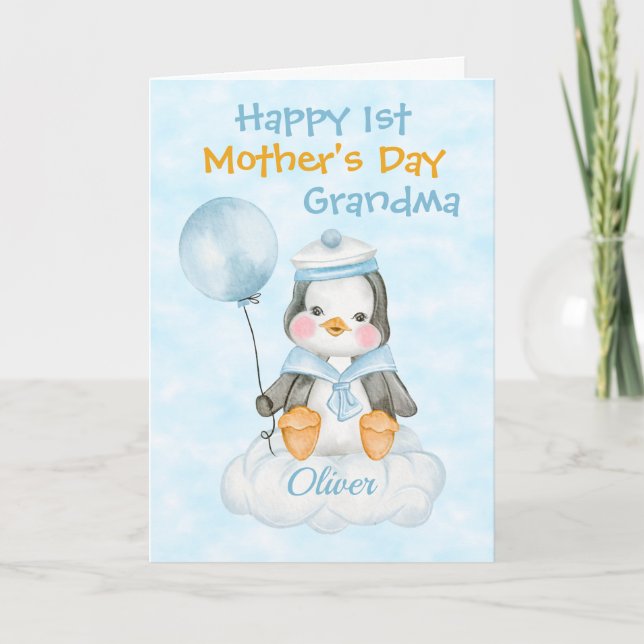 Tarjeta El primer día de la abuela, el azul pingüino (Anverso)