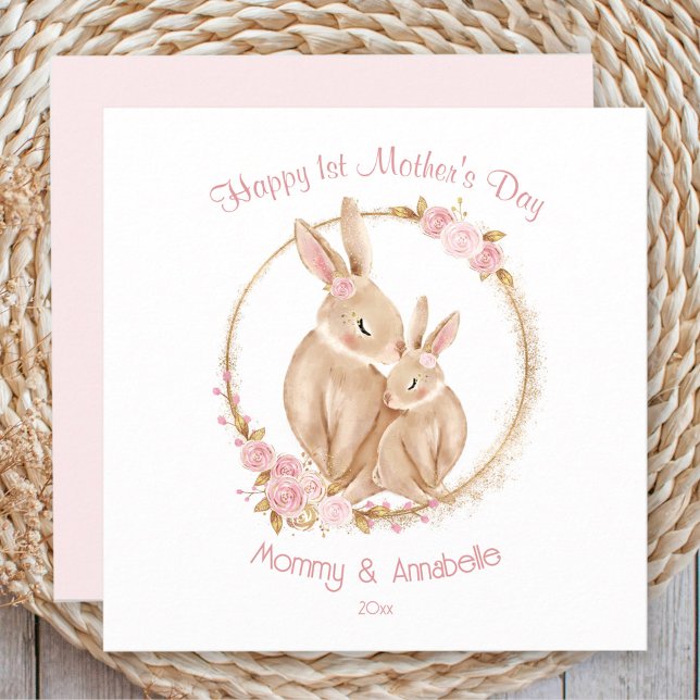 Tarjeta El primer día de la madre dulce conejita Chica bla (First Mother's Day Cute Bunny Girl White Pink Card)