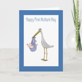 Tarjeta El primer día, la cigüeña y el bebé de madre