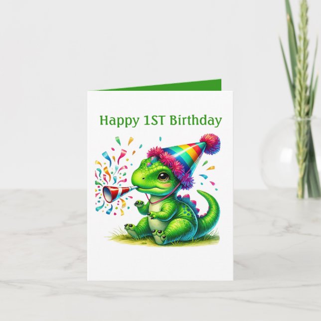 Tarjeta El primer dinosaurio de cumpleaños del bebé de Uni (Anverso)